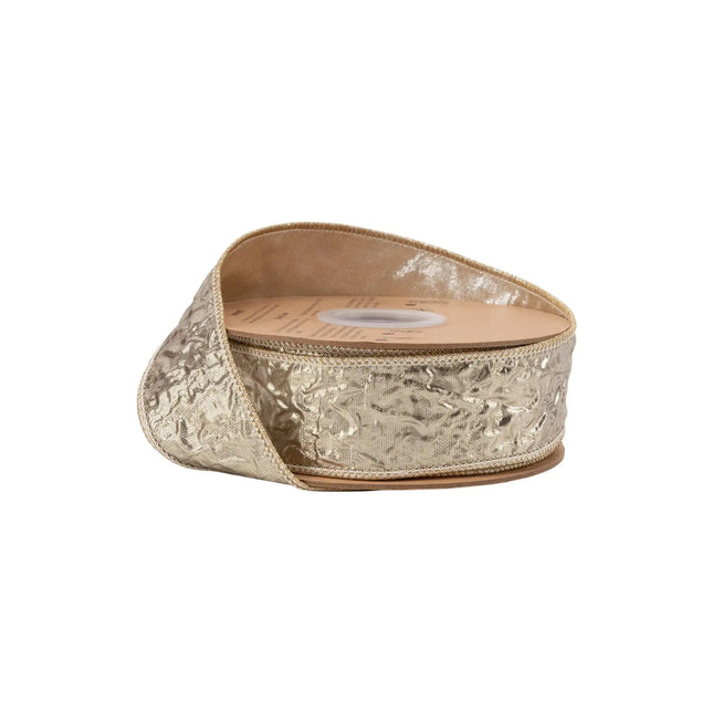 1 1/2" wired dupioni ribbon, textured champagne metallic fabric with matching metallic backing