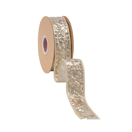 Luxe seasonal wired dupioni ribbon with textured champagne metallic finish and coordinating metallic backing accents