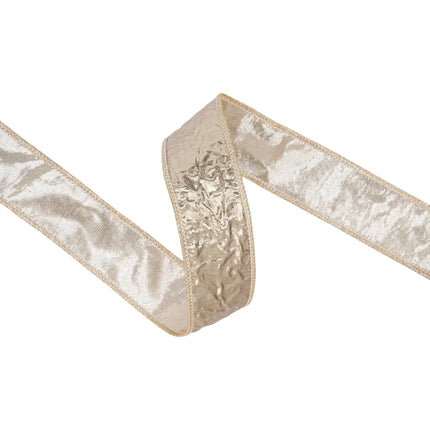 wired ribbon, embossed champagne metallic weave with polished metallic backing for luxury styling