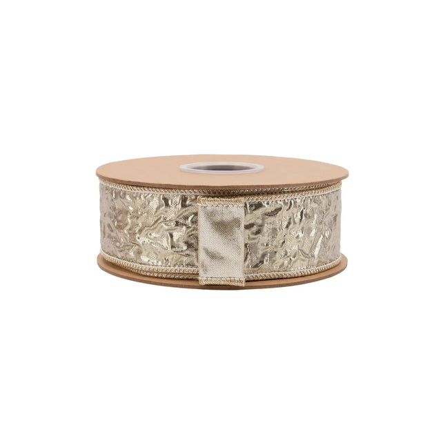 Shimmering champagne metallic dupioni wired ribbon, featuring embossed texture and reflective metallic reverse side