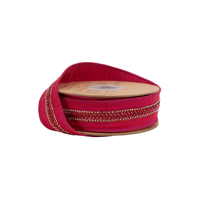 1 1/2" wired dupioni ribbon, vivid hot pink fabric with intricate beaded trim and matching pink metallic backing