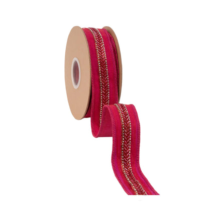 Bold hot pink dupioni wired ribbon, featuring shimmering beaded detailing and reflective pink metallic reverse side
