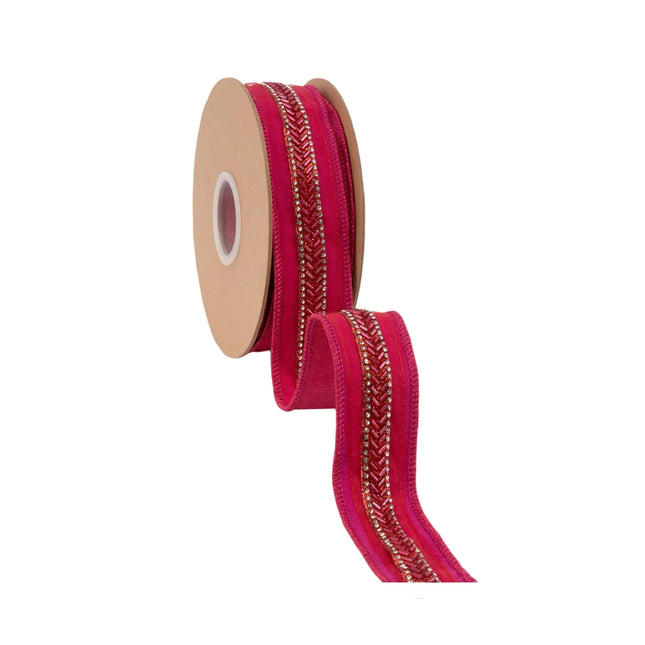 Bold hot pink dupioni wired ribbon, featuring shimmering beaded detailing and reflective pink metallic reverse side