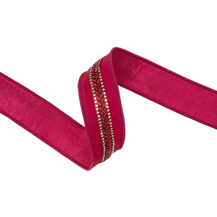 1 1/2" wired ribbon,  hot pink dupioni fabric bordered by ornate beaded trim and finished with pink metallic backing