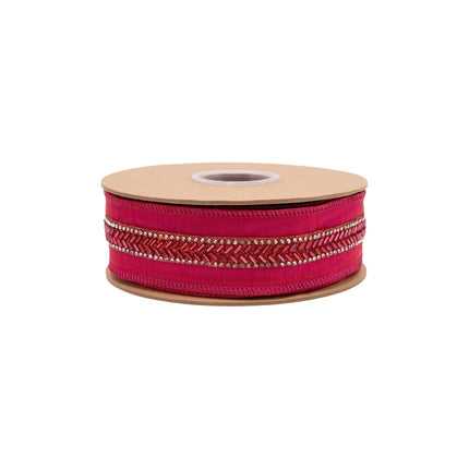 1 1/2" wired ribbon, smooth hot pink dupioni material accented with polished pink metallic backing