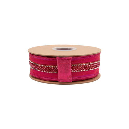 Eye-catching wired dupioni ribbon with hot pink base, detailed beaded accents and pink metallic backing