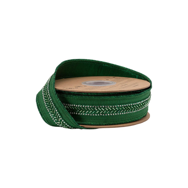 1 1/2" wired dupioni ribbon, rich green fabric with intricate beaded trim and matching green metallic backing