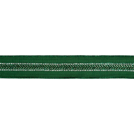 Luxe craft wired ribbon, striking green dupioni material embellished with detailed beaded trim and durable green metallic backing