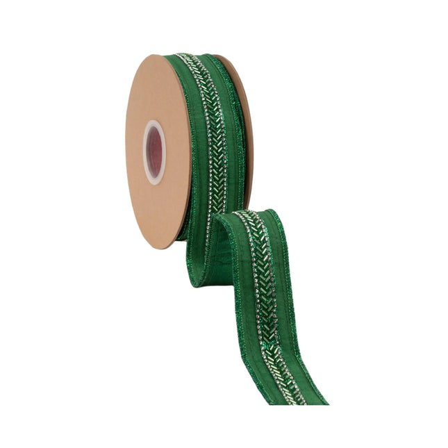 Vibrant green dupioni wired ribbon, featuring shimmering beaded detailing and reflective green metallic reverse side