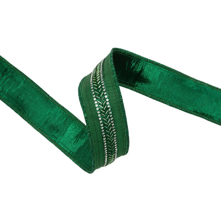 decorative wired ribbon, lush green dupioni fabric bordered by ornate beaded trim and finished with green metallic backing