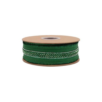 Eye-catching wired dupioni ribbon with deep green base, intricate beaded accents and green metallic backing