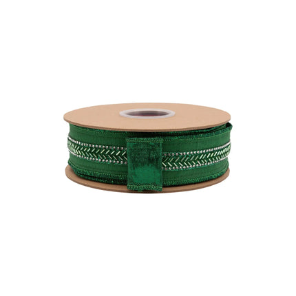 1 1/2" wired ribbon, smooth green dupioni material accented with sparkling beaded trim and polished green metallic backing