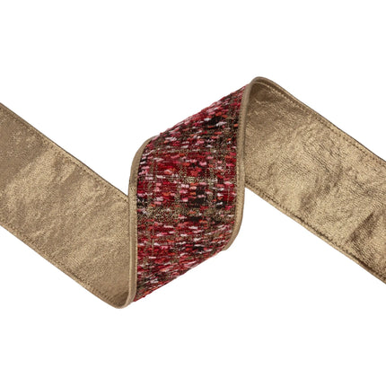 4-inch wide wired tweed ribbon with hot pink tone and gold inner lining for upscale winter gift wrapping 