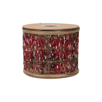 Vintage boucle fabric ribbon with pink speckled weave and gold shimmer backing, suited for Christmas