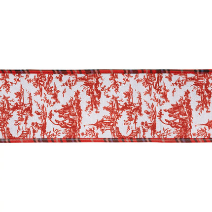High‑end craft wired ribbon, intricate red chinoiserie dupioni material finished with plaid piping and durable blue backing