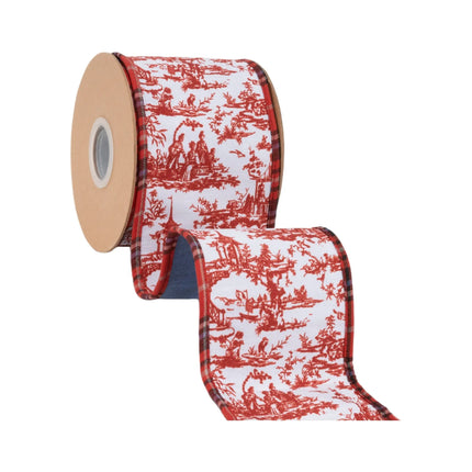 Wide decorative chinoiserie wired ribbon,  featuring red scenic pattern, plaid edge and soft blue reverse side