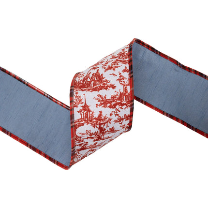 4" wired decorative ribbon, traditional red chinoiserie motif with plaid piping and blue dupioni backing 