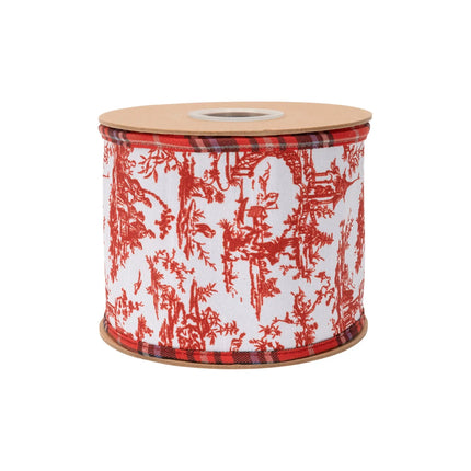 Sophisticated seasonal wired dupioni ribbon with classic red chinoiserie design, plaid trim and blue backing for statement accents
