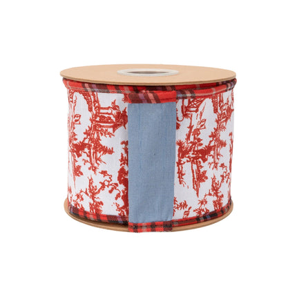 4" wired ribbon, vintage red chinoiserie dupioni fabric with plaid piping and smooth blue dupioni backing for crafts