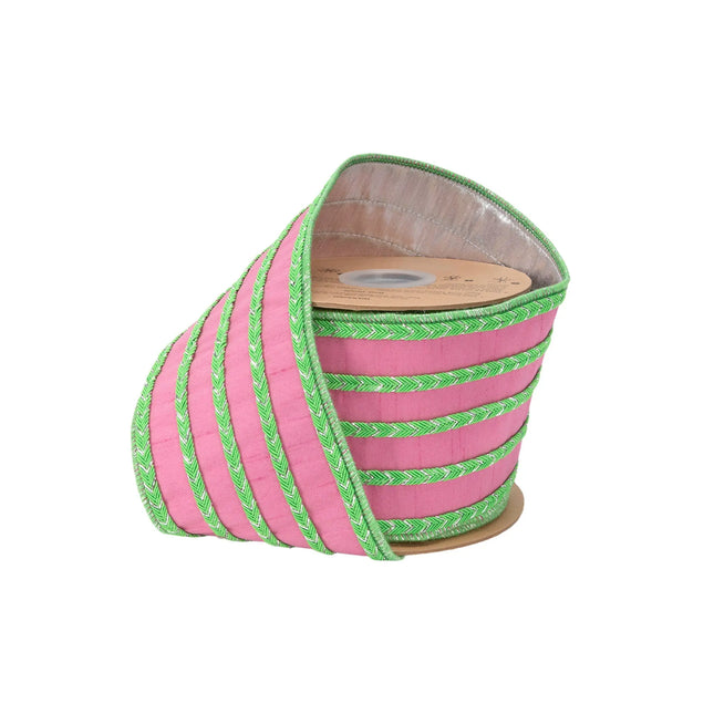 4" wired dupioni ribbon, vibrant pink base with five-way green braided trim and metallic backing for decor