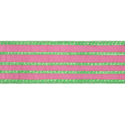 Bold craft wired ribbon, bright pink dupioni material finished with intricate five-way green braided trim and metallic backing