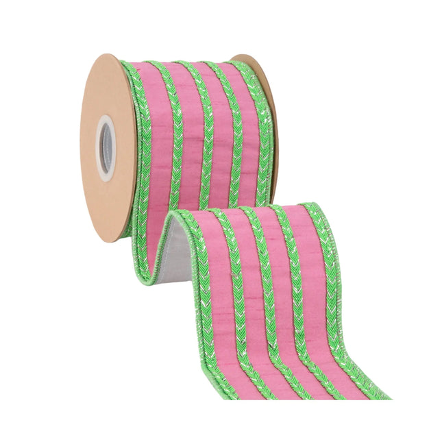 4" wired ribbon, smooth pink dupioni fabric accented with five-way green trim and polished metallic backing