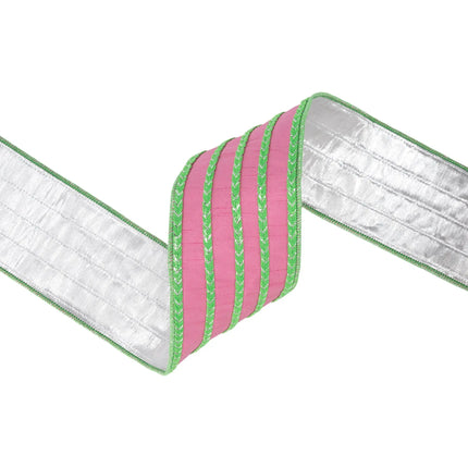 4"  wired ribbon, vivid pink dupioni with five-way green trim and durable metallic backing for statement styling