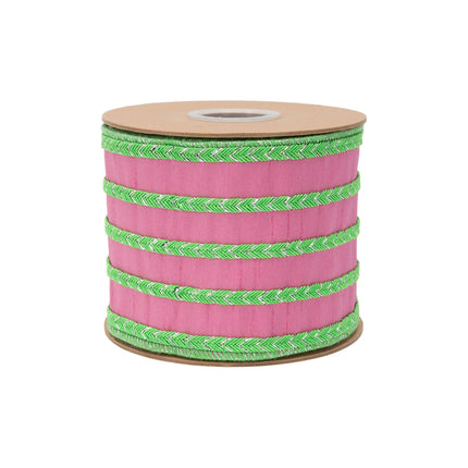 Eye-catching seasonal wired dupioni ribbon with pink base, five-row green braided accents and coordinating metallic backing