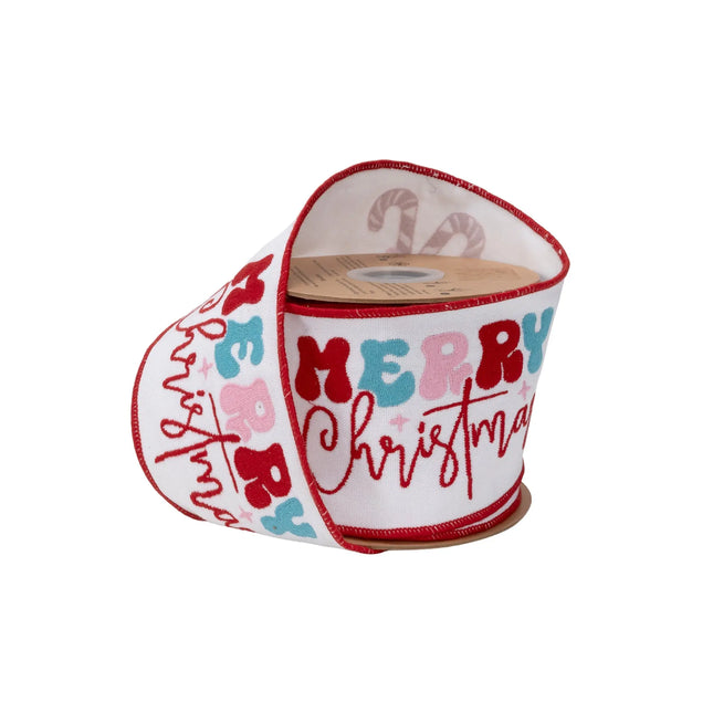 4" wired canvas ribbon, festive Merry Christmas embroidered design on white canvas for holiday decor