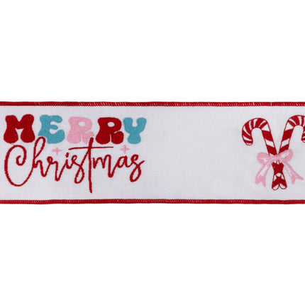 Holiday wired ribbon, bold stitched Merry Christmas design on white canvas material
