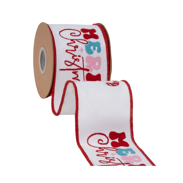 Wide embroidered canvas wired ribbon, with colorful Merry Christmas lettering for DIY Christmas crafts