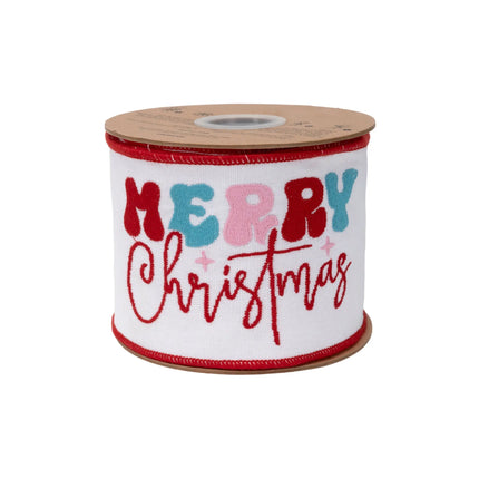 Fun seasonal wired canvas ribbon with vibrant Merry Christmas embroidery for playful holiday home styling
