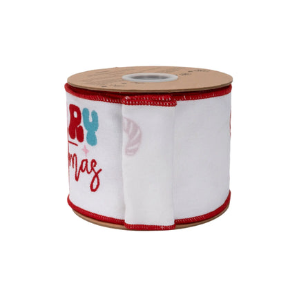 Premium 4" wired ribbon, soft white canvas fabric featuring stitched Merry Christmas text for wreath accents
