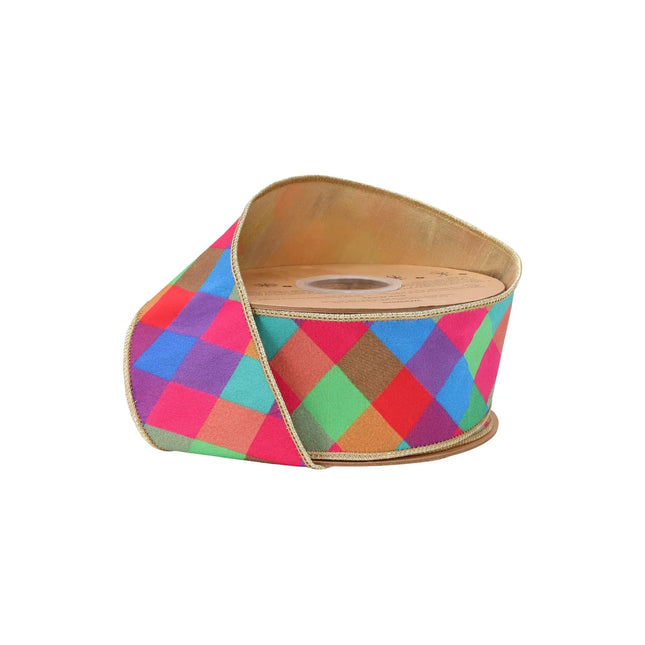 2 1/2" wired dupioni ribbon with multi jewel tone plaid and gold fused backing, ideal for gift wrapping.