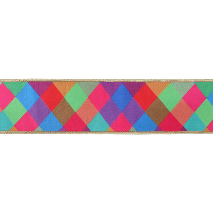Vibrant multi-plaid dupioni ribbon, 2 1/2" wired with gold backing, suited for home accents.