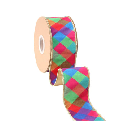 Wide multi-color plaid dupioni ribbon, 2 1/2" wired with gold backing, great for party decor.