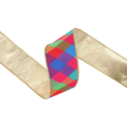 2 1/2" wired jewel tone plaid dupioni ribbon with gold backing, for craft projects.