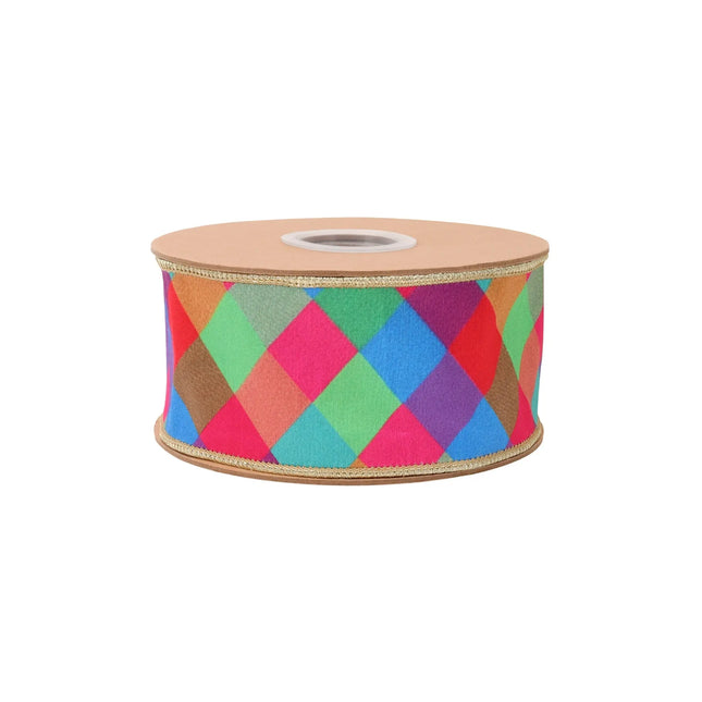 2 1/2" wired dupioni ribbon, colorful jewel tone plaid with gold backing, perfect for wreaths.