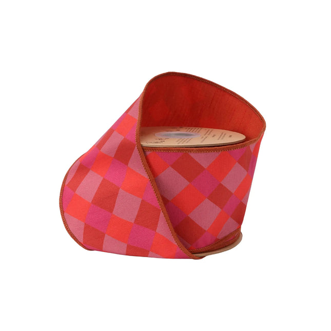 4" wired dupioni ribbon with orange, pink, red plaid pattern and red fused backing.