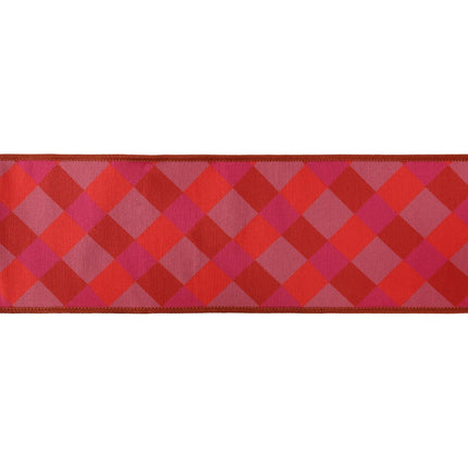 4" wired orange-pink-red plaid dupioni ribbon with red fused backing.