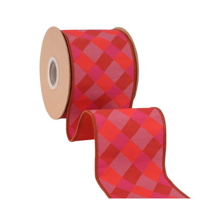 4-inch wired plaid ribbon in orange, pink and red with red fused backing.