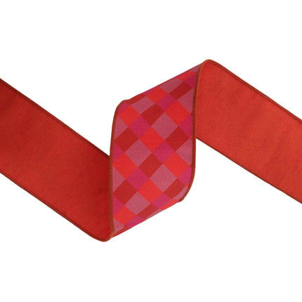 Colorful plaid dupioni ribbon, 4" wired orange pink red with red fused backing.