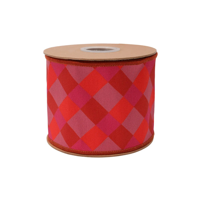 Wide dupioni ribbon, 4-inch wired orange pink red plaid with red fused backing.