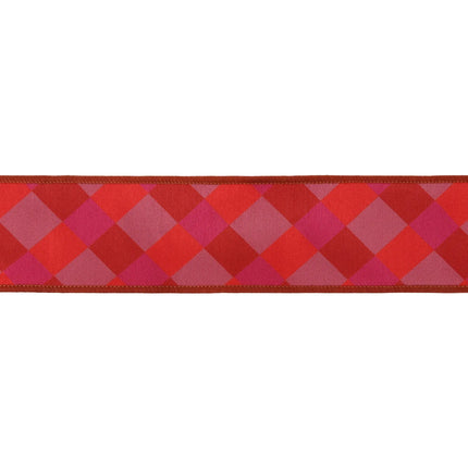 Vibrant bias plaid dupioni ribbon, with red fused dupioni backing, suited for home decor.
