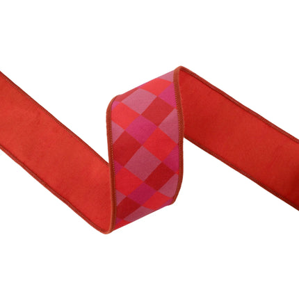 2 1/2" wired orange pink red plaid dupioni ribbon with red fused backing, for DIY projects 