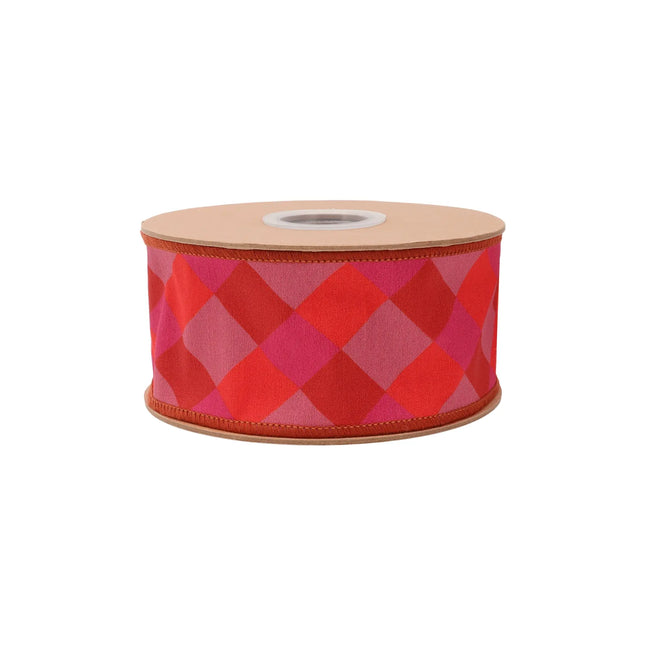 2 1/2"wired dupioni ribbon featuring orange-pink-red bias plaid and red fused backing, perfect for party decor 