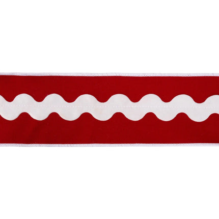 Holiday craft wired ribbon, textured white ric rac appliqué on durable red canvas for statement decorations