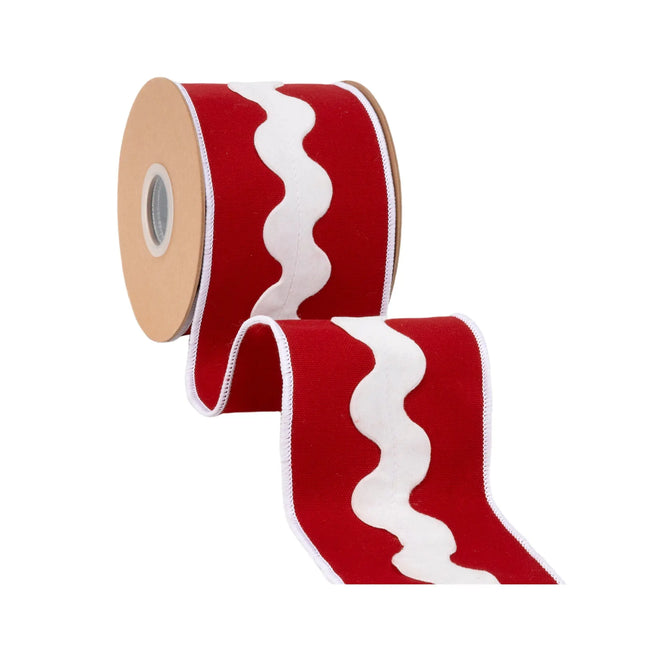 Wide red canvas wired ribbon, with raised white ric rac detailing for holiday DIY crafts