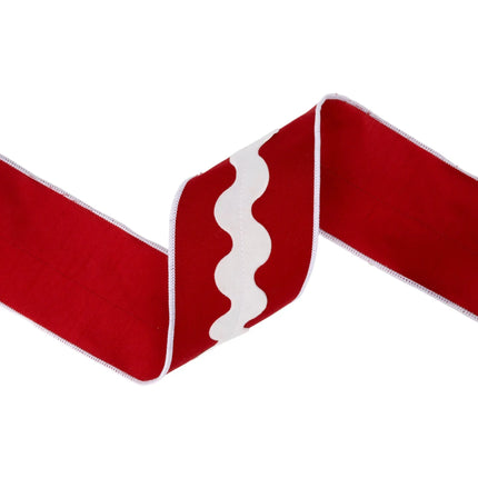 4" decorative wired ribbon, classic white ric rac trim on red canvas for whimsical winter styling