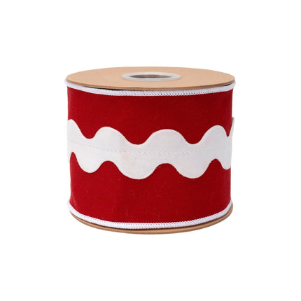 Fun seasonal wired canvas ribbon featuring wavy white ric rac pattern against vibrant red canvas base